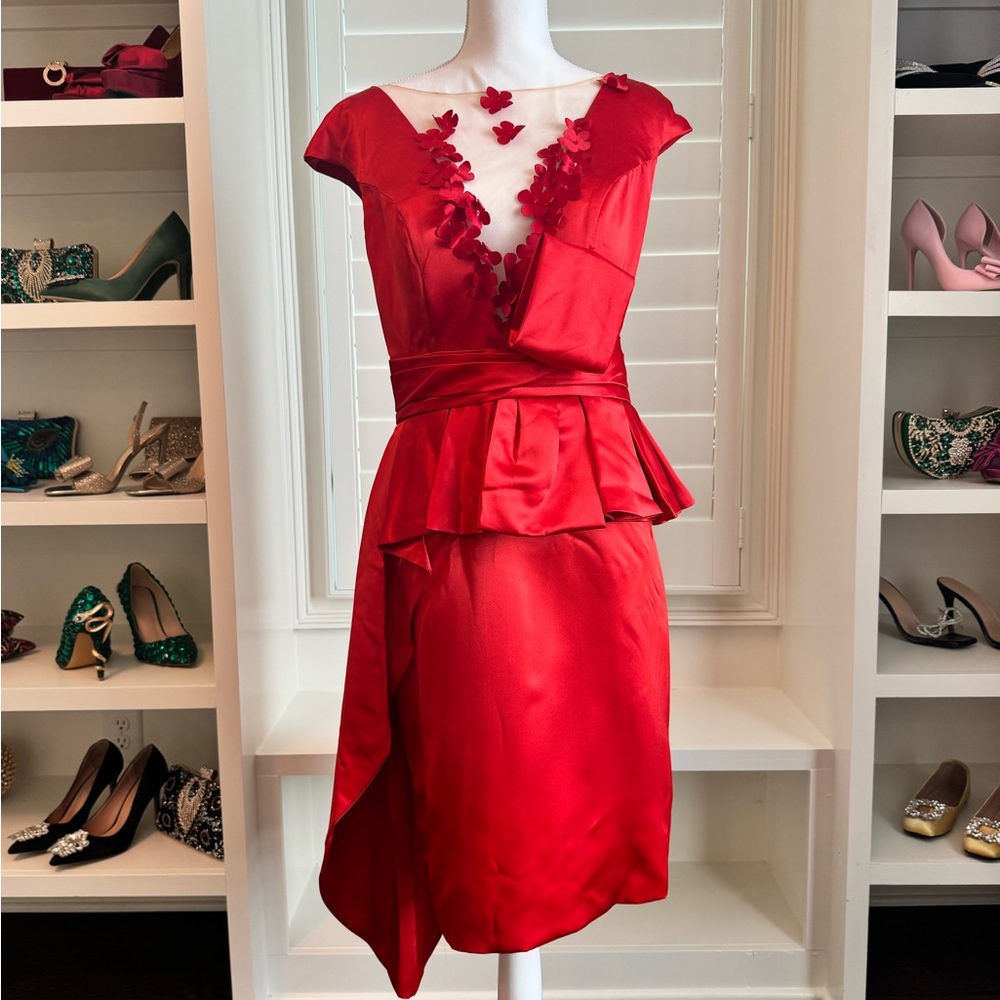 Red Satin Cocktail Dress with 3D Floral Appliqué – Size Medium